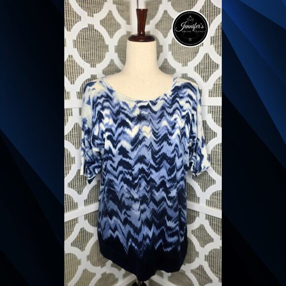 Chico's Blue & White Ombre Flame Stitch Short Dolman Sleeve Sweater Size 0=S/4 - Picture 1 of 10